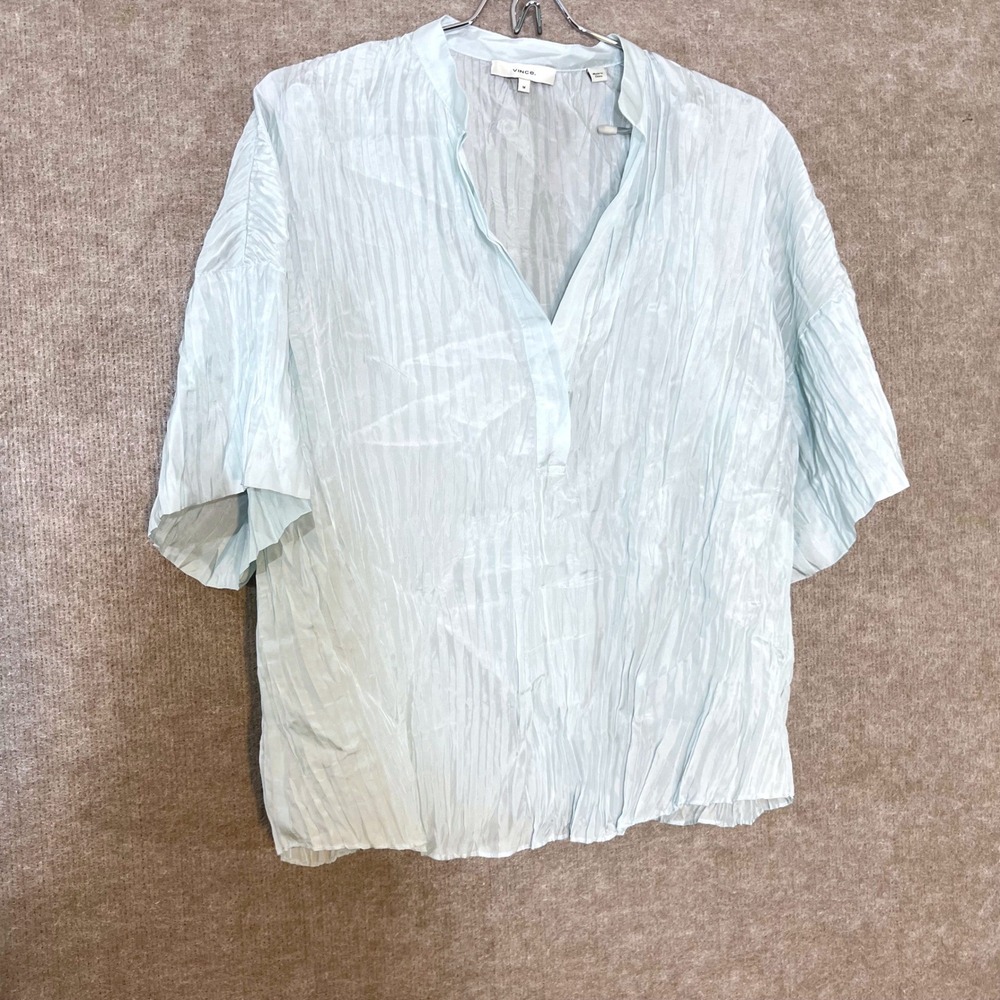 Vince Silk Crinkle Plissé Blouse Women Medium Blue Short Sleeve V-Neck Minimal